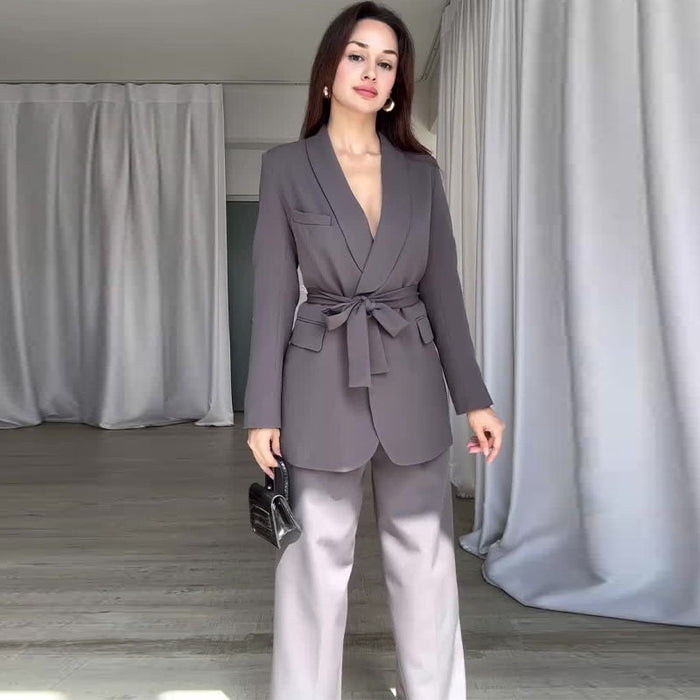 Autumn Solid Color Waist Tight Suit High Waist Wide Leg Pants Office Suit