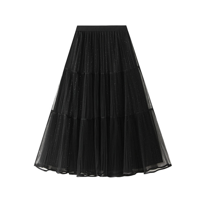 Women Two Sided Bright Yarn Mesh Skirt Autumn Winter Pleated Skirt High Waist Drape Gauze Skirt Long Skirt