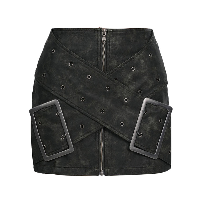 Autumn Winter Personalized Oversized Metal Buckle Cross Vintage Washed Faux Leather Skirt