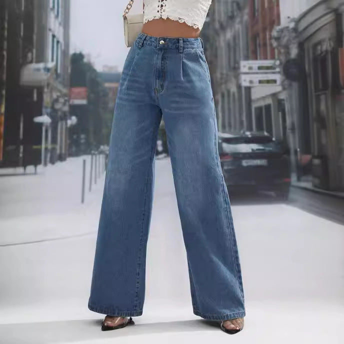 Women Clothing Denim Fashionable Figure Flattering High Waist Wide Leg Straight Denim Trousers