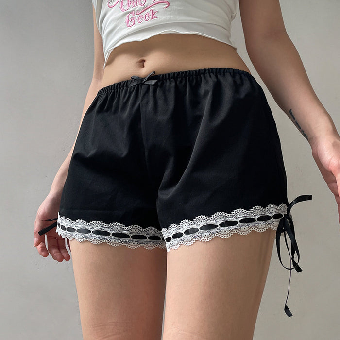 Sweet Cool Sexy Lace Bow Stitching Basic All Matching Casual Black Casual Low Waisted Shorts Summer