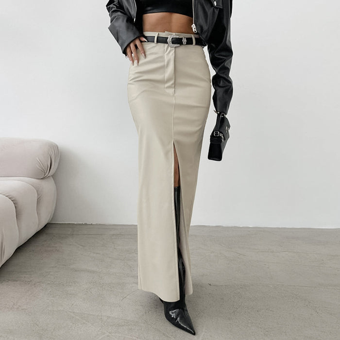 Autumn Premium Elegant Fleece Lined Matte Leather High Waist Slim Fit Sexy Slit Straight Skirt Women Wear No Belt