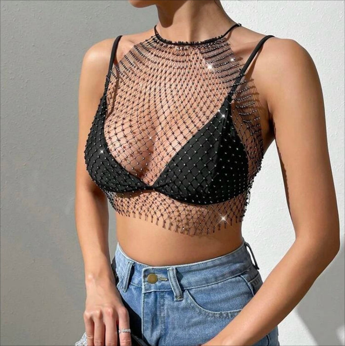 Women Clothing Grid Rhinestone Fishnet Halter Spaghetti Straps Sexy Cutout Sexy Sling Women