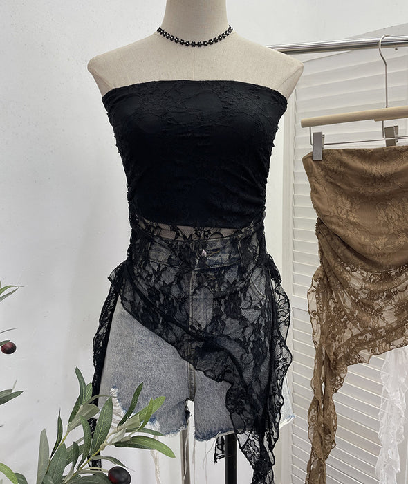 Sexy Sexy Cutout See Through Lace Tube Top Sleeveless Top Irregular Asymmetric Ribbon Vest