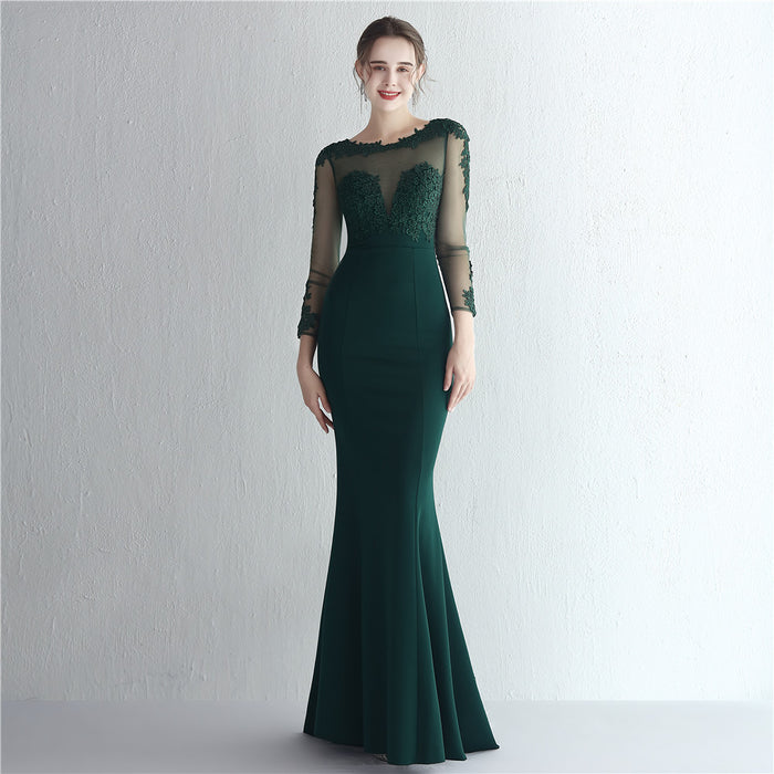 Satin Rhinestone Lace Overweight-Shaped Hand Bride Long Long Sleeve Appreciation Dinner Fishtail Evening Dress