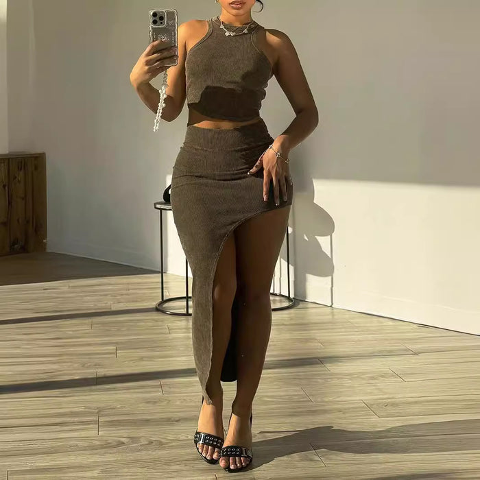 Women Clothing Summer Vest Sheath Suit Thread Fitted Irregular Asymmetric Maxi Dress Two Piece Set