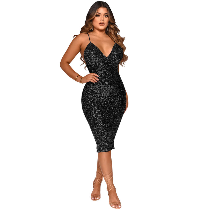 Solid Color Sexy V-neck Brace Midi Dress for Women