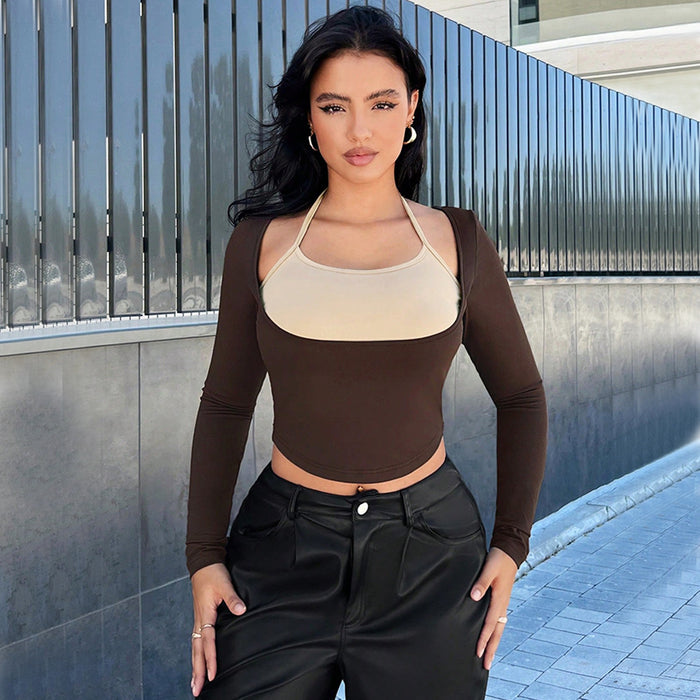 Women Clothing Faux Two Pieces Hollow Out Cutout-out Halter Long Sleeve Contrast Colors Slimming High Waist Crop Top