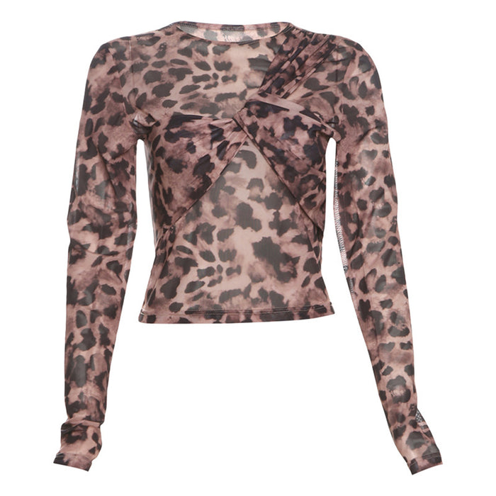 Autumn Winter Personalized Sexy Slim Leopard Print Long Sleeve Round Neck Bottoming Tops Women