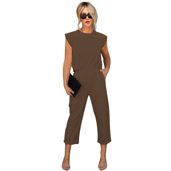 Women Clothing Casual Solid Color Cropped Pants Two Piece Women