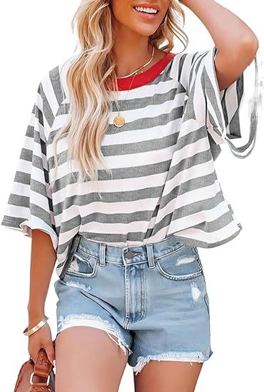 Women Summer Striped T shirt Short Sleeve Color Matching Design Loose Basic T shirt Top