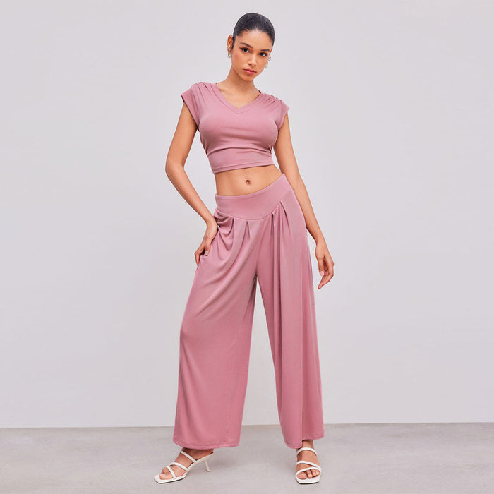 Women Casual Simple Suit Summer Top Wide Leg Pants Two Piece Set