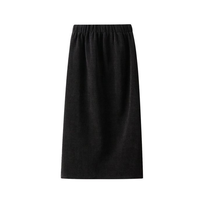 Autumn Winter Corduroy Fleece lined Elastic High Waist Skirt Women Slimming A line Straight Slit Sheath Skirt Long Skirt