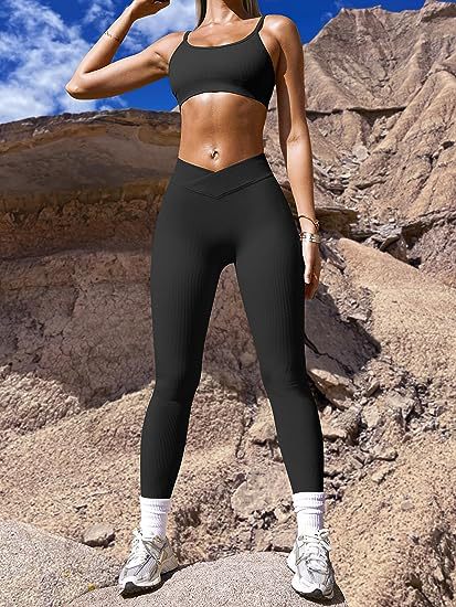 Yoga Leggings Ribbed High Waist Cross Sports Workout Leggings Casual Trousers