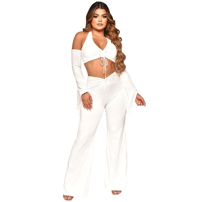 Women Wear Halterneck Long Sleeved Cropped Exposed Blouse Pants Sets