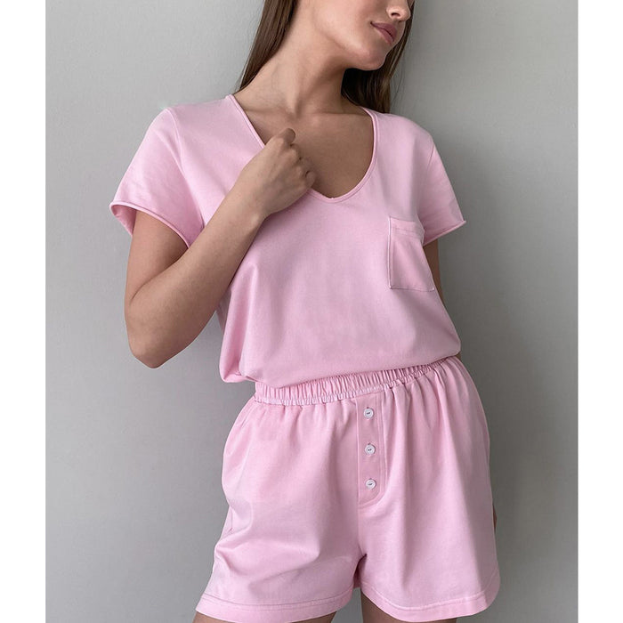 V neck Shorts Pajamas Suit Spring Summer Casual Loose Comfortable Cotton Short Sleeved T shirt Suit