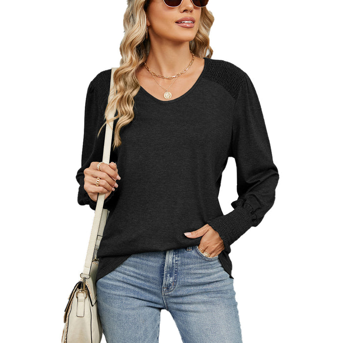 Women Clothing Autumn Winter Loose V neck Lantern Sleeve Loose Pleated T shirt Women Top