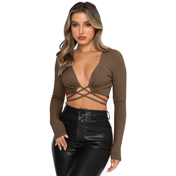 Long-Sleeved Sweater Early Spring Deep V Plunge Plunge Strap Sexy Blouse Top