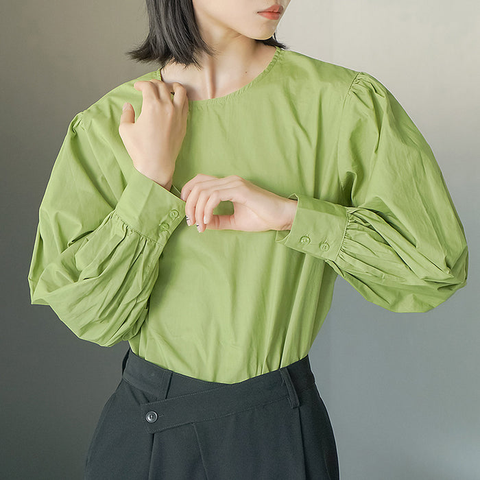 Spring Autumn round Neck Shirt Women Korean Puff Sleeve Back Buttoned Pure Cotton Shirt