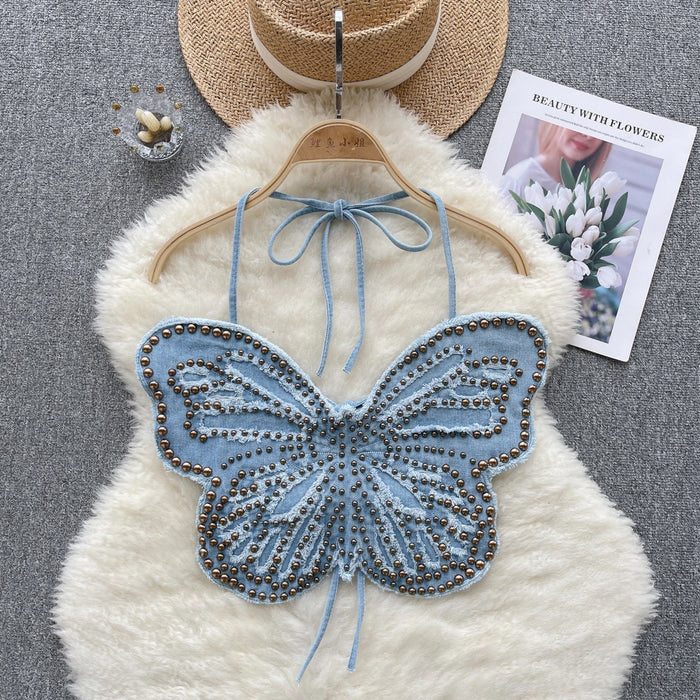 Top Denim Sling Heavy-Duty Beaded Women Summer Backless Strap Halter Butterfly Design Top