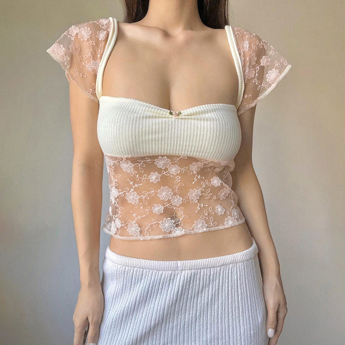 Women Clothing Summer Solid Color Tube Top Sexy Lace Slim Fit Patchwork Cropped Top