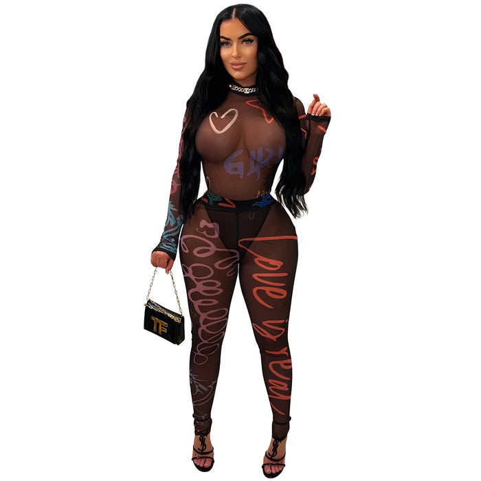 Women Wear Sexy Print See through Jumpsuit Long Sleeve