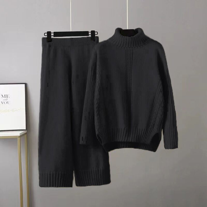 Turtleneck Pullover Thickened Knitting Sweater Casual Set Women Autumn Winter Loose Idle Wide Leg Pants Two Piece Set