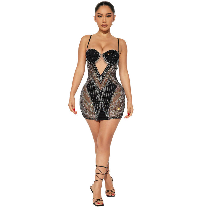 Sexy See through Sling Rhinestone Sheath A line Dress Party Night Club Women