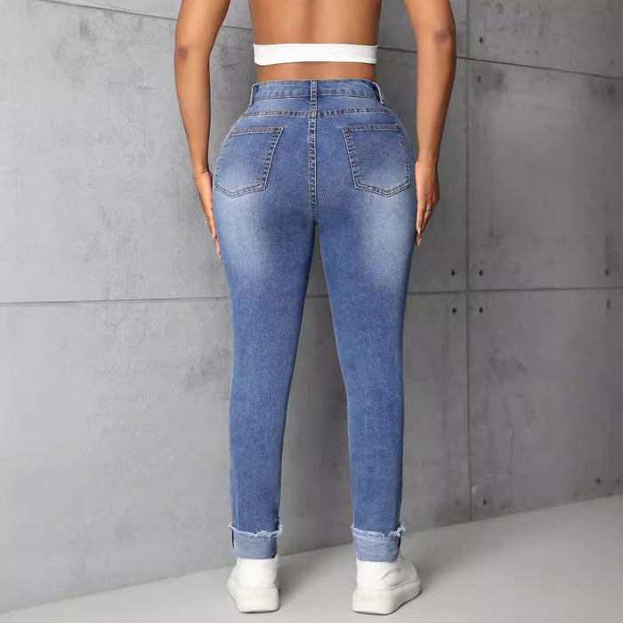 Women Clothing Trendy Thin Looking Ripped Straight Skinny Denim Trousers