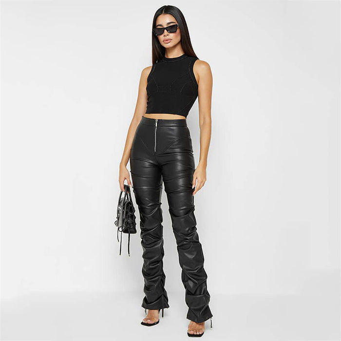 Women Clothing Tight Faux Leather Trousers Personalized Shrinkage Bootcut Trousers Women Four Seasons