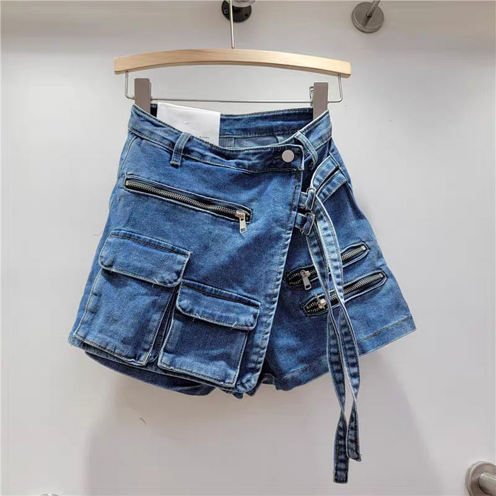 Korean Irregular Asymmetric Multi Pocket Workwear A Line Shorts Women Loose Wide Leg Summer Lace Up Denim Skirted Leggings