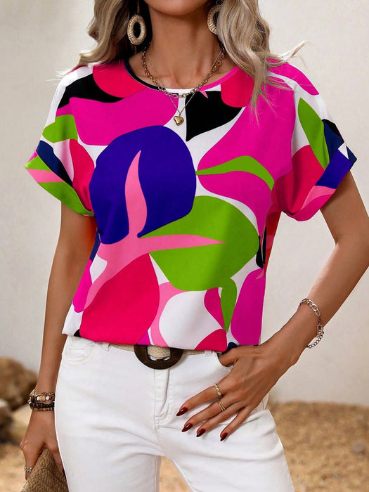 Women Clothing Summer Printed Multi Color U Neck Women Short Sleeved Blouse