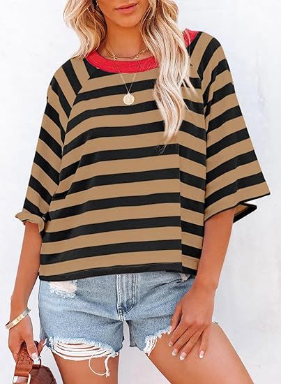 Women Summer Striped T shirt Short Sleeve Color Matching Design Loose Basic T shirt Top