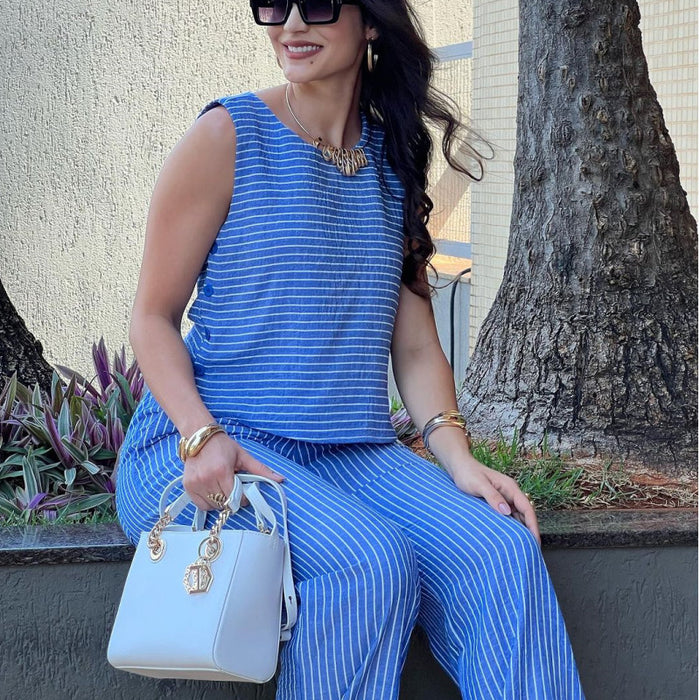 Blue Striped Sleeveless Top Baggy Straight Trousers Women Two Piece Set