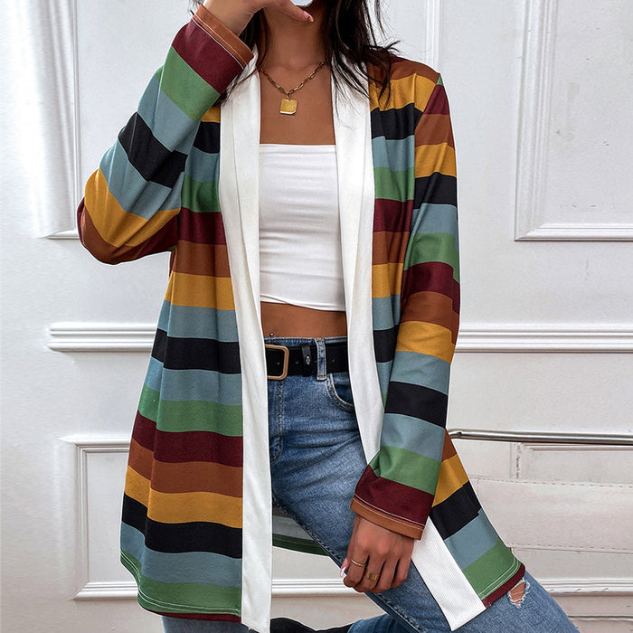 Spring Autumn Women Clothing Multi Color Mosaic Thin Casual Ladies Coat Top