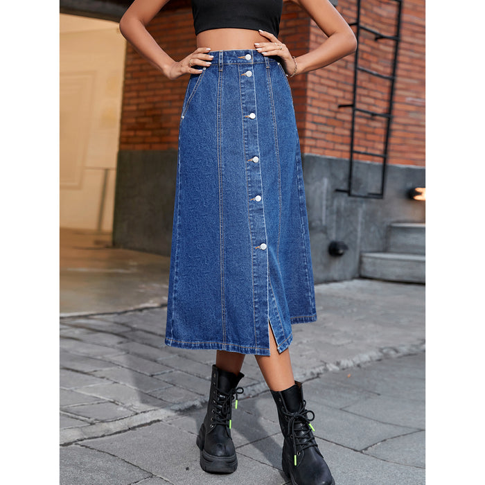 Women Clothing Button Special Split High Waist Denim Skirt