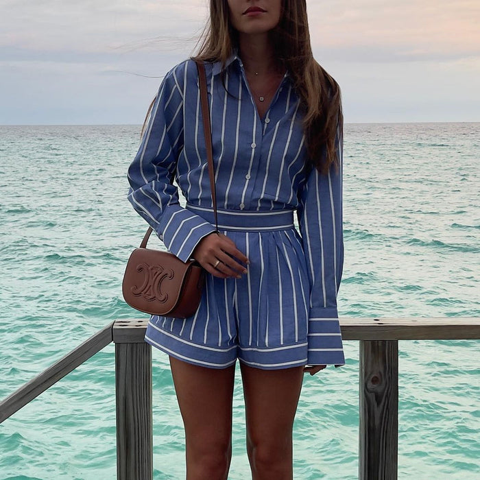 Cotton Shirt Shorts Two Piece Set Summer Striped Shirt Long Sleeve Loose Casual Women