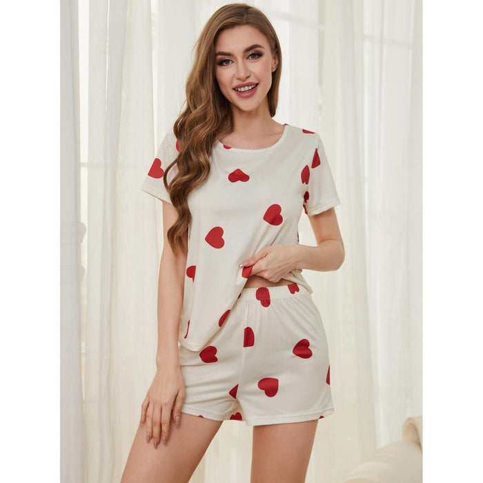 Pajamas Women Summer Cute Sweet Loving Heart Printed Short Sleeved Shorts Home Wear Two Piece Set