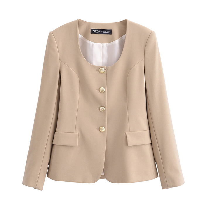 Women round Neck Blazer High Waist Flared Pants Suit