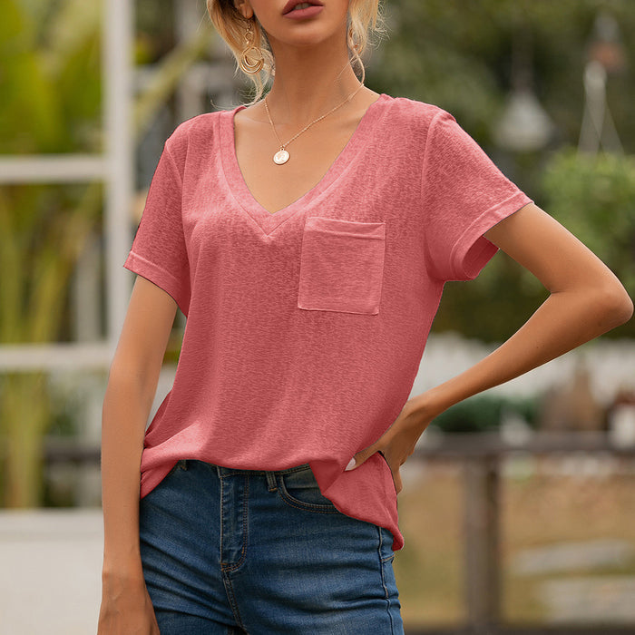 Summer Women Clothing V-neck Pocket Casual Loose Short Sleeves T-shirt Top for Women