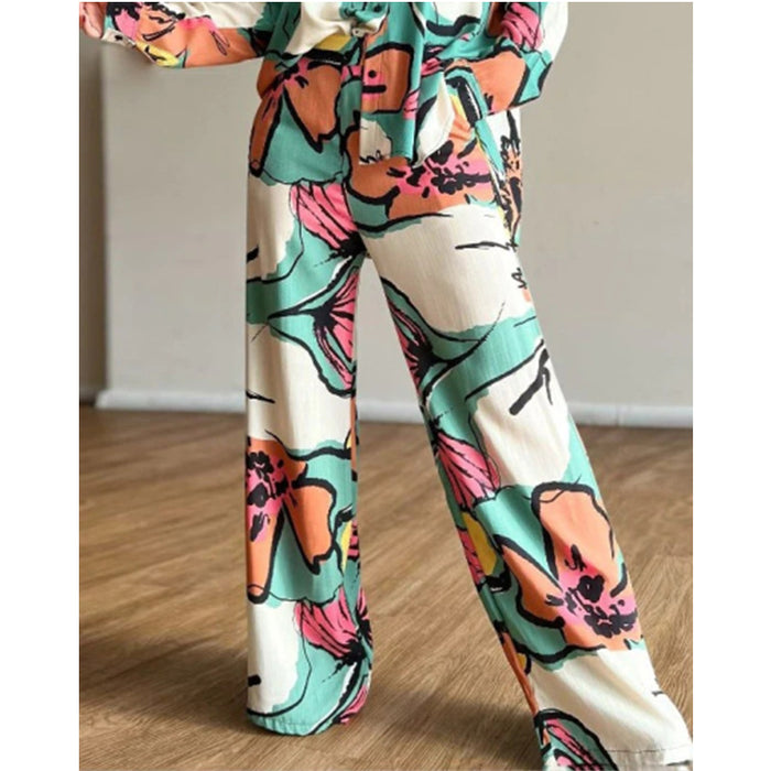 Elegant Women Clothing Printed Office Shirt High Waist Wide Leg Pants Set