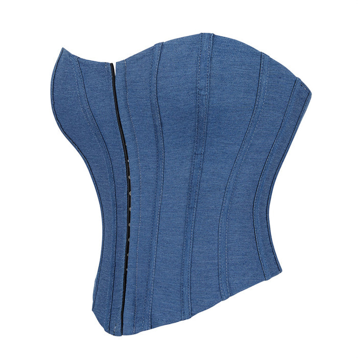 Blue Color Denim Single-Breasted Women's Tube Top Breasts Support Push up Court Body Shaping Top