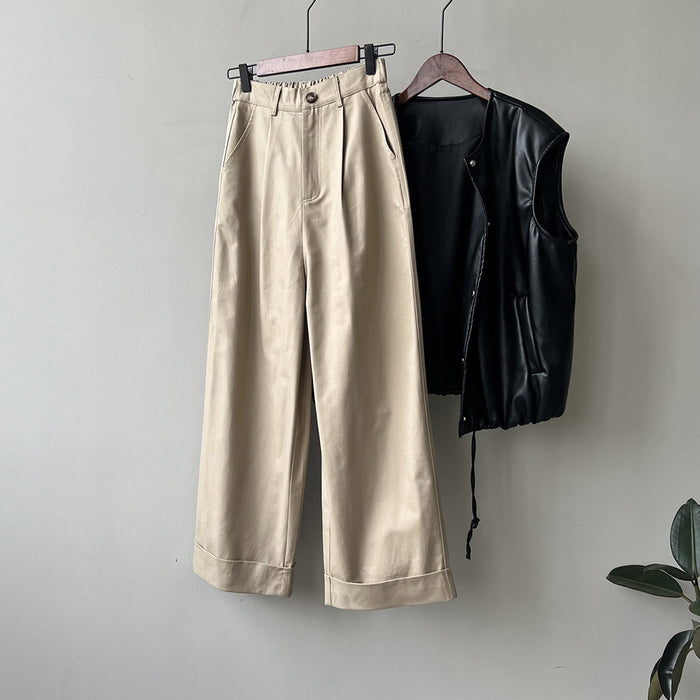 High Waist Wide Leg Casual Pants Women Autumn Tencel Cotton Loose Straight Leg Edged Pants