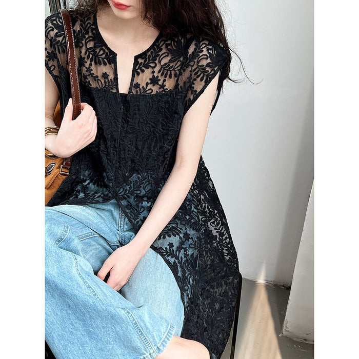 Embroidered Jacquard Cutout Blouse Vest Dress Sexy Mid Length Sleeveless Dress