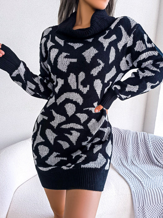 Autumn Winter Street Turtleneck Leopard Print Long Sleeve Base Sweater Dress Women Clothing