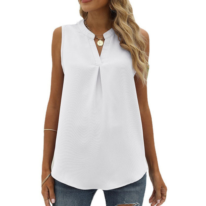 Women Clothing Spring Summer Solid Color Chiffon Shirt Loose V neck Pullover Sleeveless Top Vest