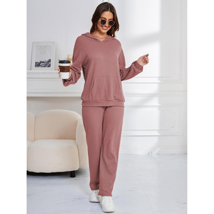 Hooded Casual Suit Women Pajamas Waffle Loose Long Sleeved Trousers Two Piece Home Wear