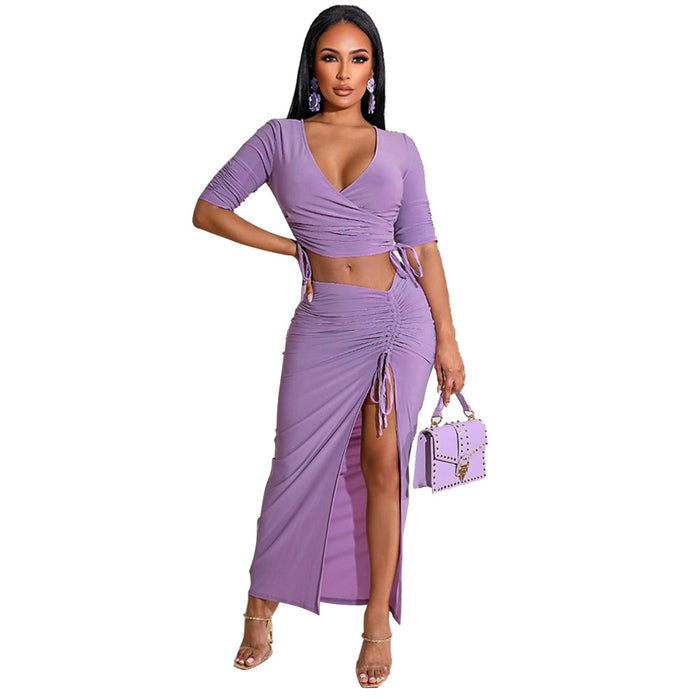 Pleating V-neck T-shirt High Slit Drawstring Skirt Two-Piece Suit