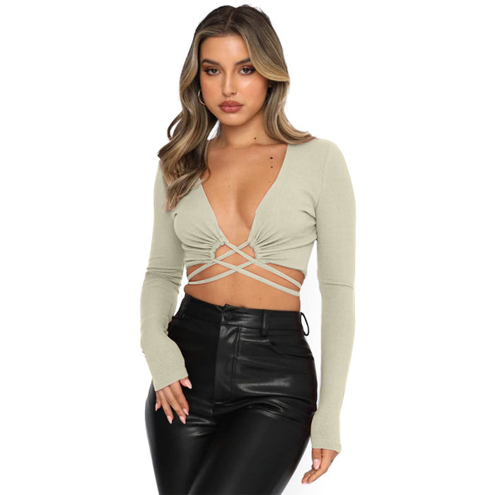 Long-Sleeved Sweater Early Spring Deep V Plunge Plunge Strap Sexy Blouse Top