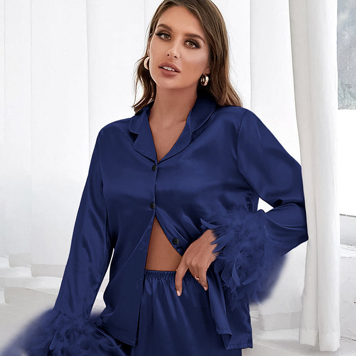 Summer Thin Satin Ice Silk Pajamas Suit for Women Solid Color Feather Can Be Outerwear Homewear